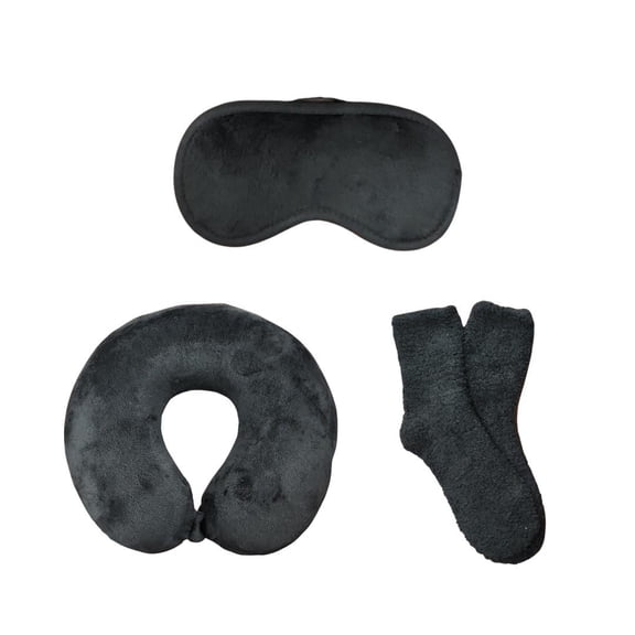Kathy Ireland® 3-Piece Memory Foam Travel Neck Pillow Set with eye mask and cozy socks - Black