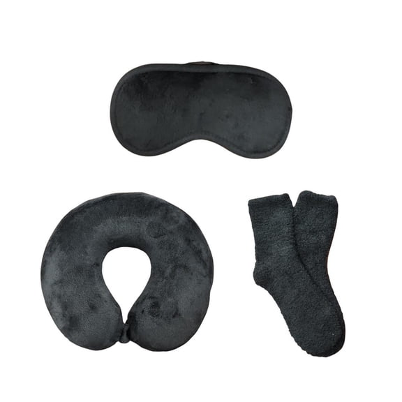 Kathy Ireland® 3-Piece Memory Foam Travel Neck Pillow Set with eye mask and cozy socks - Gray