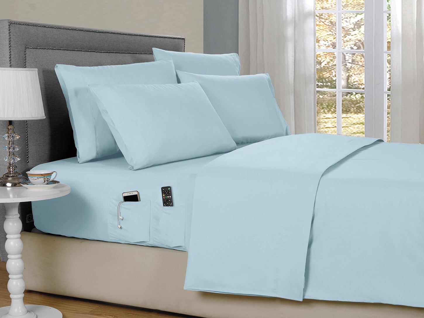 Aquamarine Queen Polyester Microfiber 6-Piece Sheet Set with Side Pockets