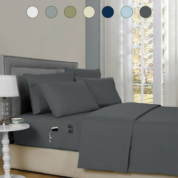 Kathy Ireland 6-Piece Smart Sheet Sets w/ Side Pocket - 8 Colors - Grey - Full