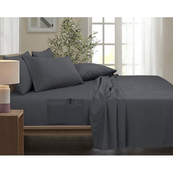 Kathy Ireland 6-Piece Smart Sheet Sets w/ Side Pocket - 8 Colors - Grey - King