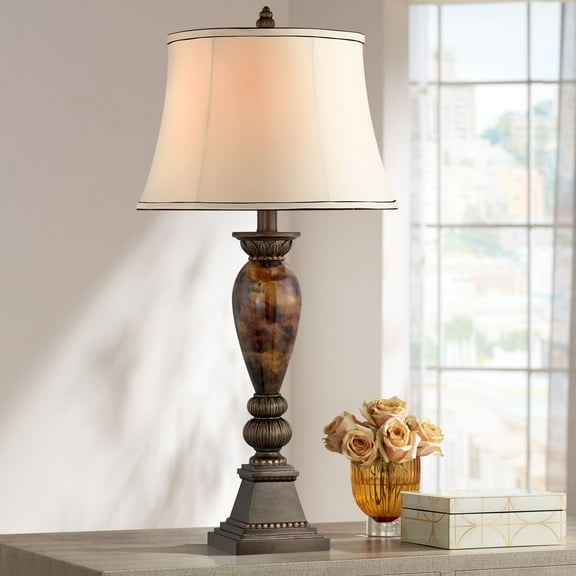 Kathy Ireland Home Mulholland Traditional Table Lamp 33" Tall Aged Bronze Golden Marble White Alabaster Glass Dome Shade for Bedroom Living Room Home