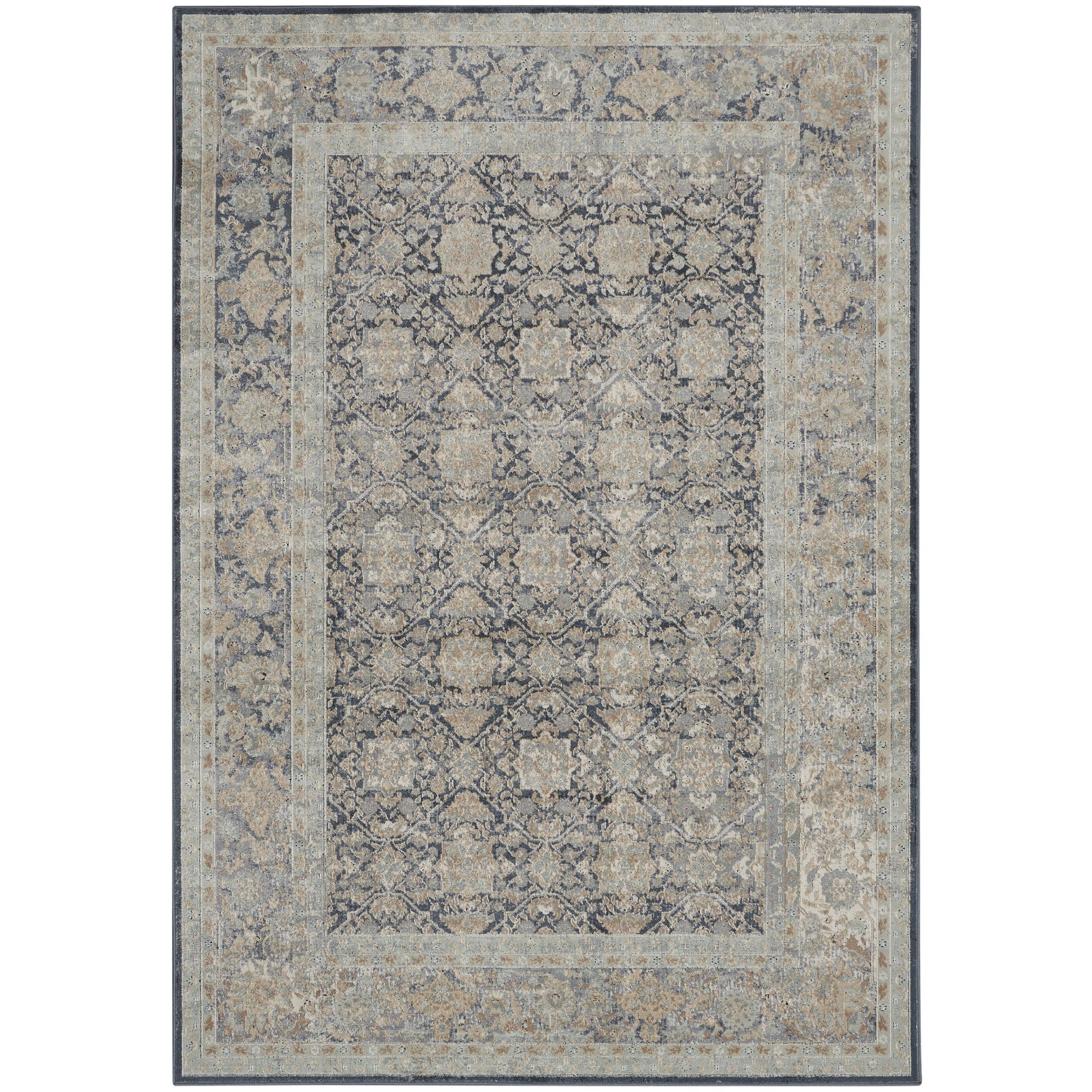 Navy and Beige Floral Chenille Rectangular Area Rug