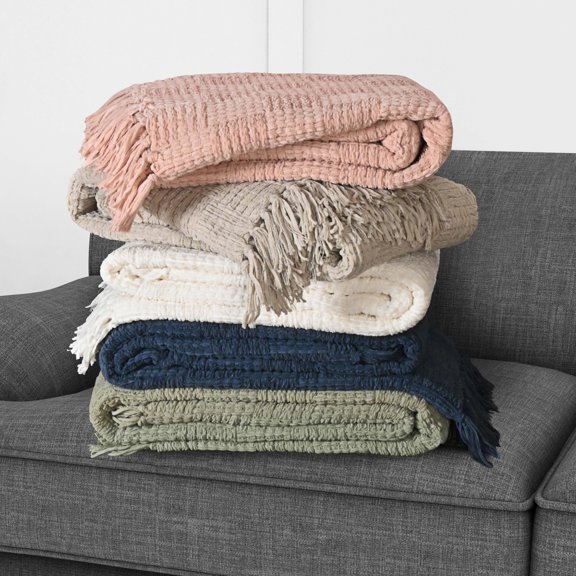 Kathy Ireland Oversized Chenille Polyester Fringed Basket Throw - Stone - 50” X 70”