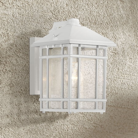 Kathy Ireland Sierra Craftsman Mission Outdoor Wall Light Fixture White Dusk to Dawn 11" Seeded Glass for Post Exterior Barn Deck House Porch Yard