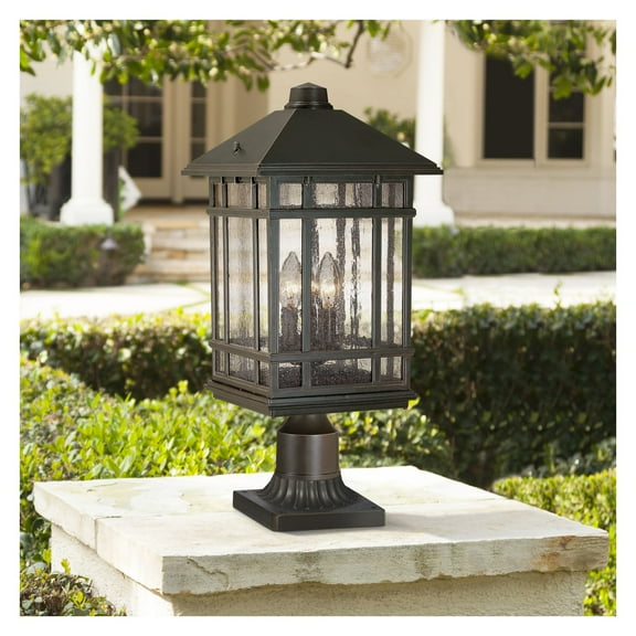 Kathy Ireland Sierra Rustic Outdoor Post Light Rubbed Bronze with Pier Mount Adapter 22" Seedy Glass Panels for Exterior Barn Deck House Porch Yard