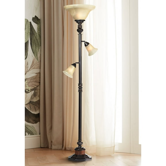 Kathy Ireland Sonnett Vintage Rustic Torchiere Floor Lamp with Side Lights 72" Tall Bronze Champagne Alabaster Glass Shade for Living Room Reading