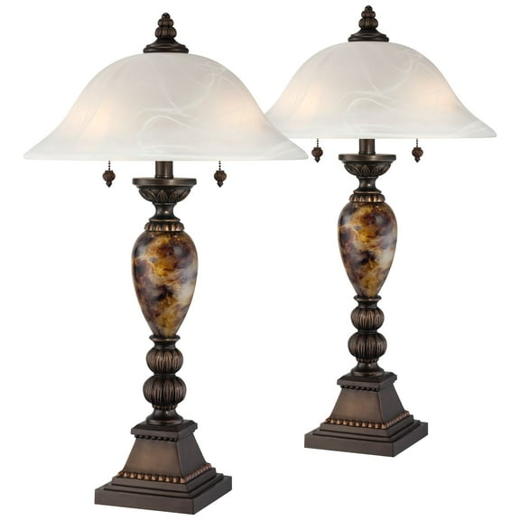 Kathy Ireland Traditional Table Lamps 27" Tall Set of 2 Aged Bronze Faux Marble Alabaster Glass Dome Shade for Living Room Bedroom