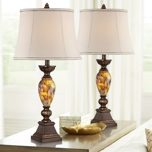 Kathy Ireland Vintage Table Lamps 30" Tall Set of 2 Aged Bronze Marbleized Golden Off White Oval Shade for Living Room Bedroom