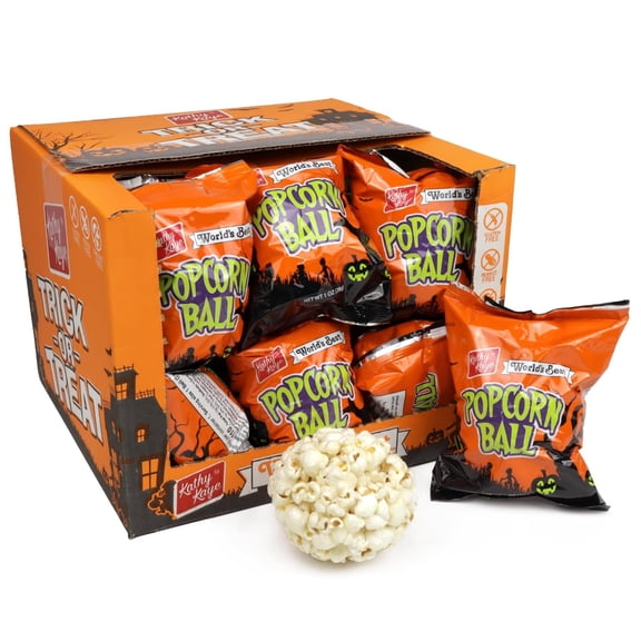 Kathy Kaye Halloween Popcorn Balls Crunchy Sweet Treats for Trick-or-Treaters & Parties Individually Wrapped 1 oz Snacks Gluten Free, Nut Free, Made in USA Contains Soy 18 Count