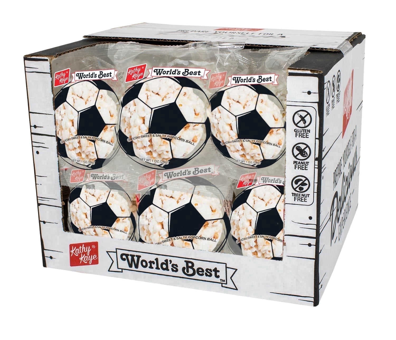 Kathy Kaye Soccer Sweet & Salty 1 oz. Popcorn Balls | Delicious, Crunchy, & Perfect for Snacking| Classic Sweet & Salty Flavor for Game Day, Parties & More | Box of 18