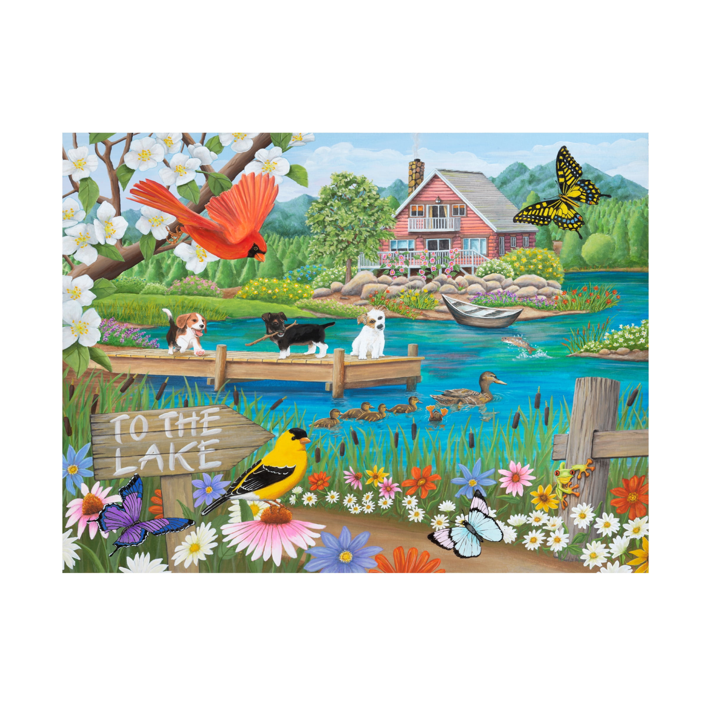 Colorful Landscape Canvas Art with Cottage and Woodland Creatures