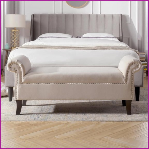 Kathy Roll Arm Entryway Accent Bench | Handmade Solid Hardwood | Sky Neutral Beige | Polyester