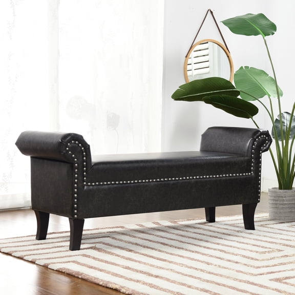 Kathy Roll Arm Entryway Accent Bench Vintage Black Brown Faux Leather