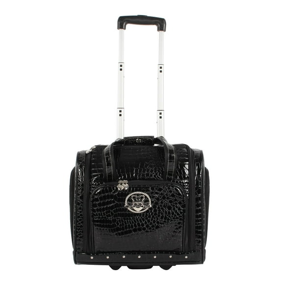 Kathy Van Zeeland Croco PVC Designer Underseat Luggage - 15 Inch Carry On Suitcase for Women- Lightweight Under Seat Bag with 2-Rolling Spinner Wheels (Black)