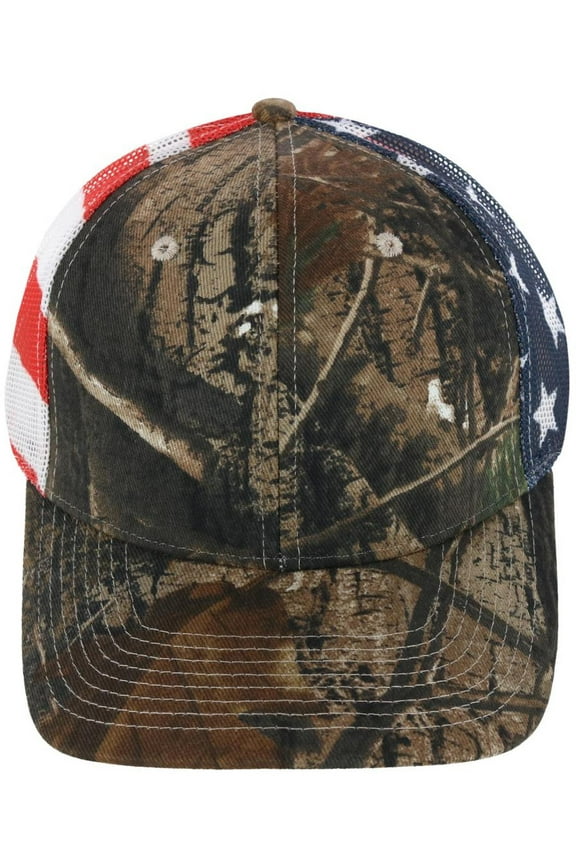 Real tree Camo Trucker Hat with American Flag Mesh Back (Men)