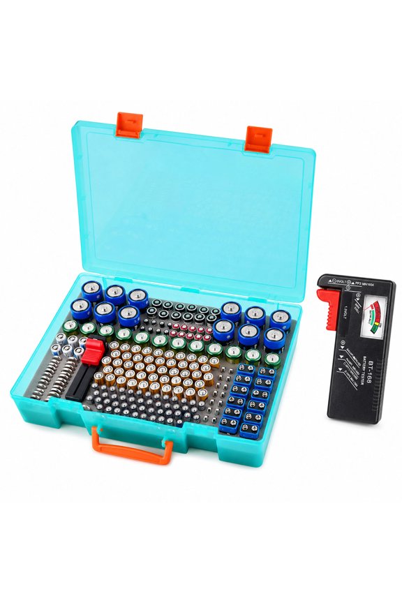 Battery Organizer Storage Holder Large Capability Holds 225 Batteries with Tester Checker, Green-Box Only