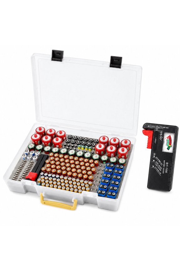 Battery Organizer Storage Holder with Tester Checker, Holds Up to 225 Batteries -Transparent (Box Only)
