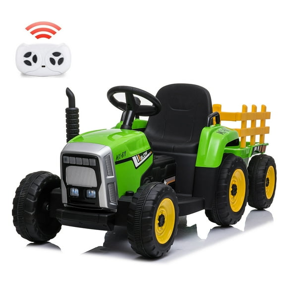 Katidap 12V Kids Battery Powered Electric Tractor with Trailer, Toddler Ride On Car w/ Remote Control/ 7-LED Headlights/ 2+1 Gear Shift/ MP3 Player/USB Port for Kids 3-6 Years (Green, 25W/ EVA Tire)