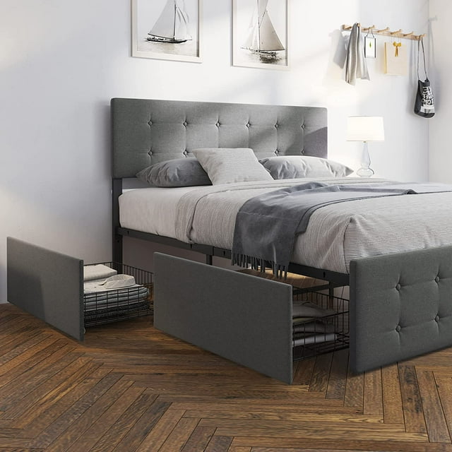 Katidap Queen Platform Bed Frame with Headboard and 4 Drawers Storage ...