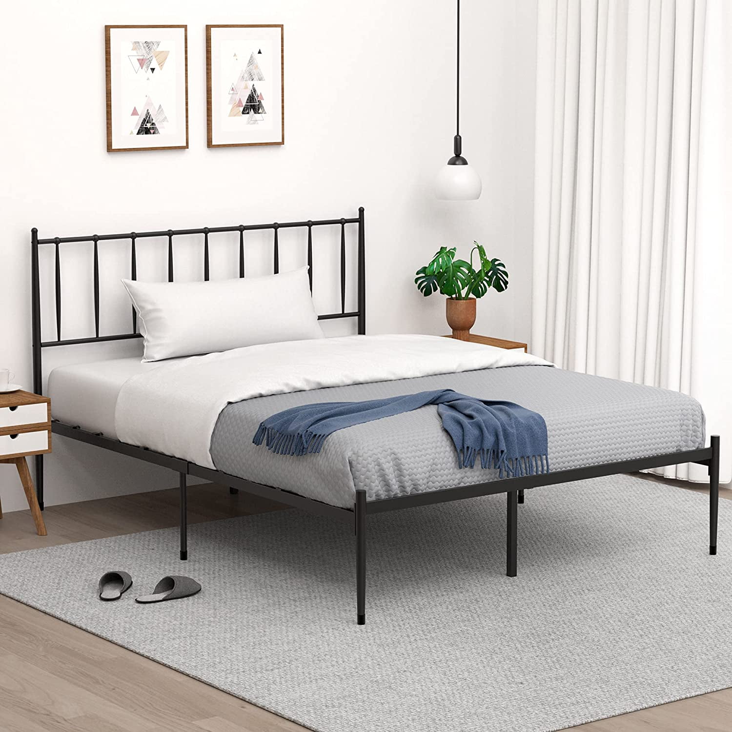 Queen Black Metal Platform Bed Frame with Headboard and Storage