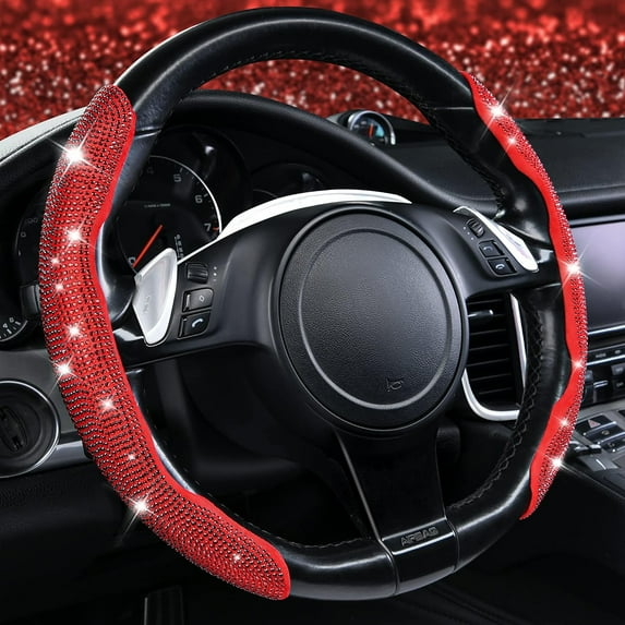 Katieovy Bling Diamond Steering Wheel Cover, Crystal Diamond Steering Wheel Cover Women Girls Universal Fit D-Shape O-Shape 14.5" to 16", Bling Rhinestone Protector Cover, Red