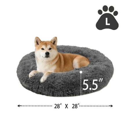 Katieovy Dog Bed for Large Dogs,Fluffy Calming Donut Dog Beds,28 inch Washable Plush Round Dog Mat with Non-Slip Bottom,Dark Gray
