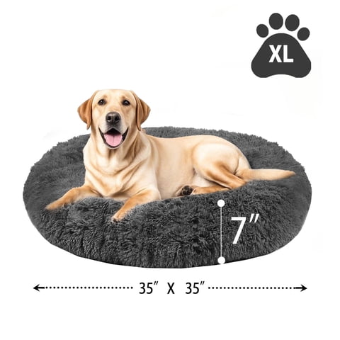 Katieovy Dog Bed for Large Dogs,Fluffy Calming Donut Dog Beds,35 inch Washable Plush Round Dog Mat with Non-Slip Bottom,Dark Gray