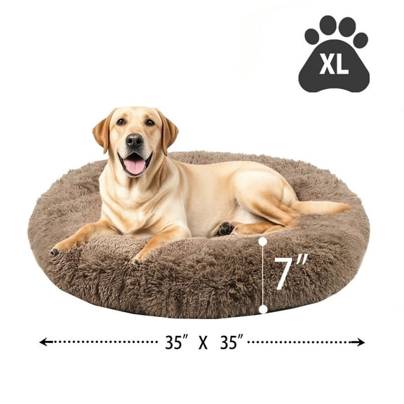 Katieovy Dog Bed for Large Dogs,Fluffy Calming Donut Dog Beds,35 inch Washable Plush Round Dog Mat with Non-Slip Bottom,Khaki