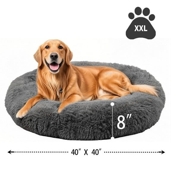 Katieovy Dog Bed for Large Dogs,Fluffy Calming Donut Dog Beds,40 inch Washable Plush Round Dog Mat with Non-Slip Bottom,Dark Gray