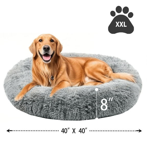 Katieovy Dog Bed for Large Dogs,Fluffy Calming Donut Dog Beds,40 inch Washable Plush Round Dog Mat with Non-Slip Bottom,Gray