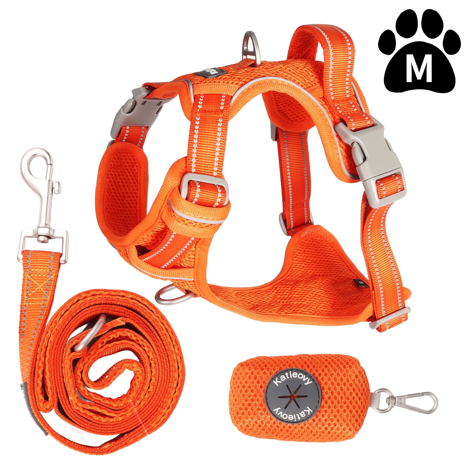 Katieovy Dog Harness and Dog Leash Set,Reflective No Pull Dog Harness for Medium Dog,Mesh Adjustable Dog Harness with Dog Poop Bag Holder,Orange