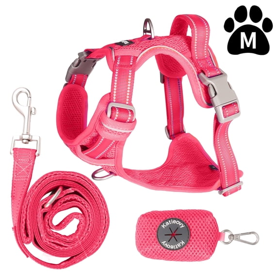 Katieovy Dog Harness and Dog Leash Set,Reflective No Pull Dog Harness for Medium Dog,Mesh Adjustable Dog Harness with Dog Poop Bag Holder,Pink