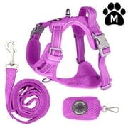 Katieovy Dog Harness and Dog Leash Set,Reflective No Pull Dog Harness for Medium Dog,Mesh Adjustable Dog Harness with Dog Poop Bag Holder,Purple
