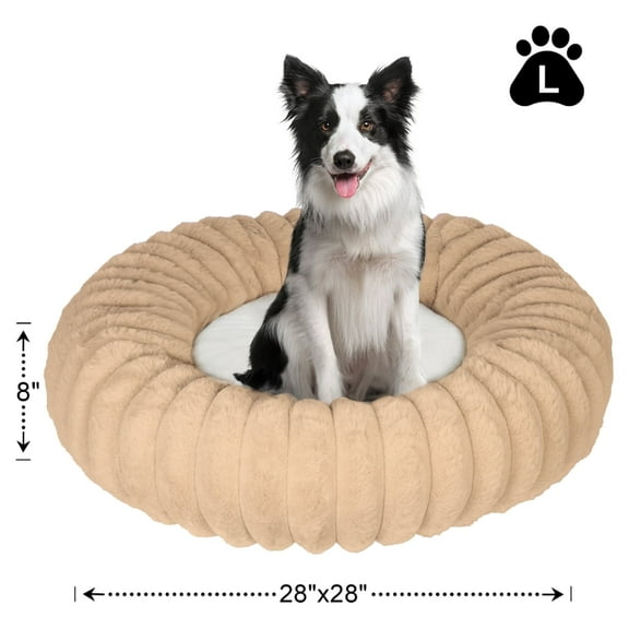 Katieovy Donut Dog Beds for Large Dogs,Fluffy Calming Dog Beds with Non-Slip Bottomm,28 x 28 inch Washable Round Dog Cat Beds,Apricot