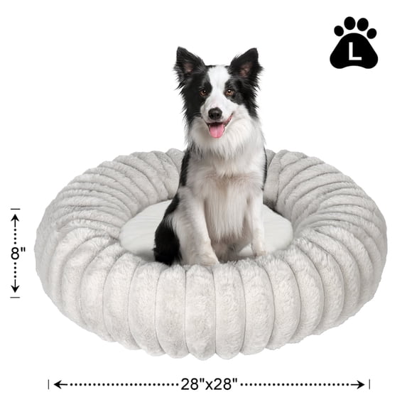 Katieovy Donut Dog Beds for Large Dogs,Fluffy Calming Dog Beds with Non-Slip Bottomm,28 x 28 inch Washable Round Dog Cat Beds,Gray