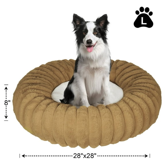 Katieovy Donut Dog Beds for Large Dogs,Fluffy Calming Dog Beds with Non-Slip Bottomm,28 x 28 inch Washable Round Dog Cat Beds,Khaki
