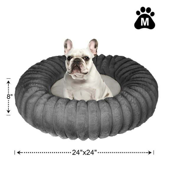 Katieovy Donut Dog Beds for Medium Dogs,Fluffy Calming Dog Beds with Non-Slip Bottomm,24 x 24 inch Washable Round Dog Cat Beds,Dark Gray