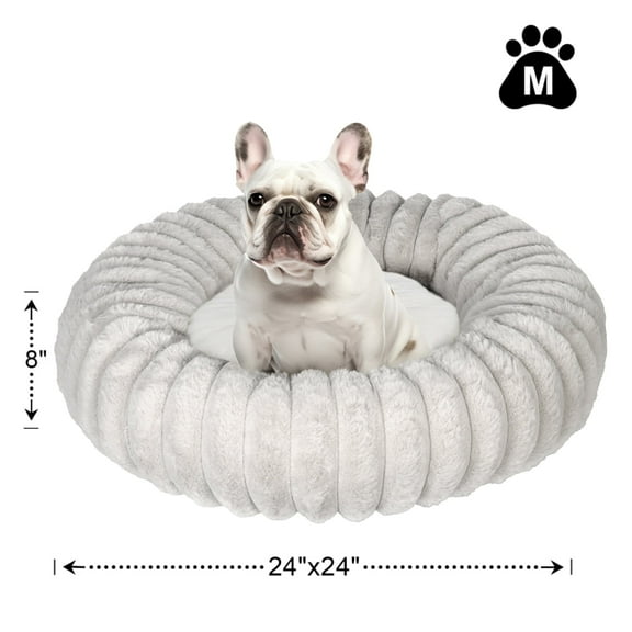 Katieovy Donut Dog Beds for Medium Dogs,Fluffy Calming Dog Beds with Non-Slip Bottomm,24 x 24 inch Washable Round Dog Cat Beds,Gray