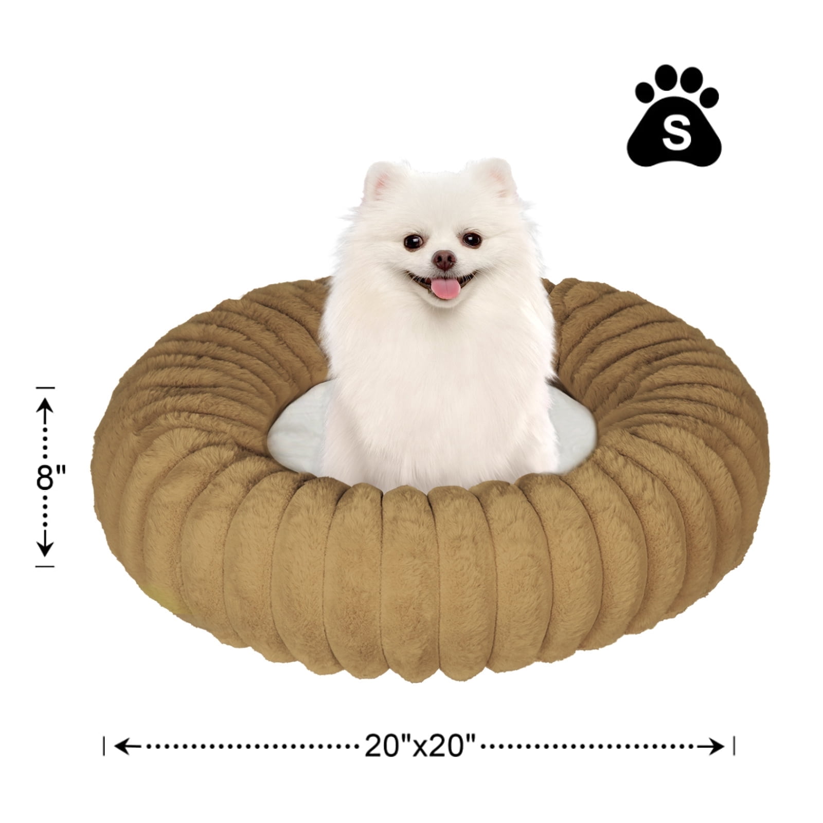 Katieovy Donut Dog Beds for Samll Dogs,Fluffy Calming Dog Beds with Non-Slip Bottomm,20 x 20 inch Washable Round Dog Cat Beds,Khaki