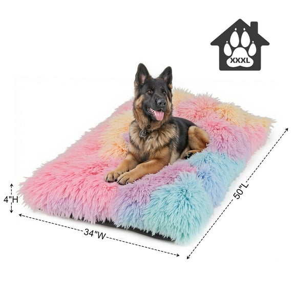 Katieovy Extra Large Dog Bed, 50 x 34 inch Fluffy Plush Dog Cage Bed, Washable Dog Mat with Non-Slip Bottom for Large Dogs,Rainbow