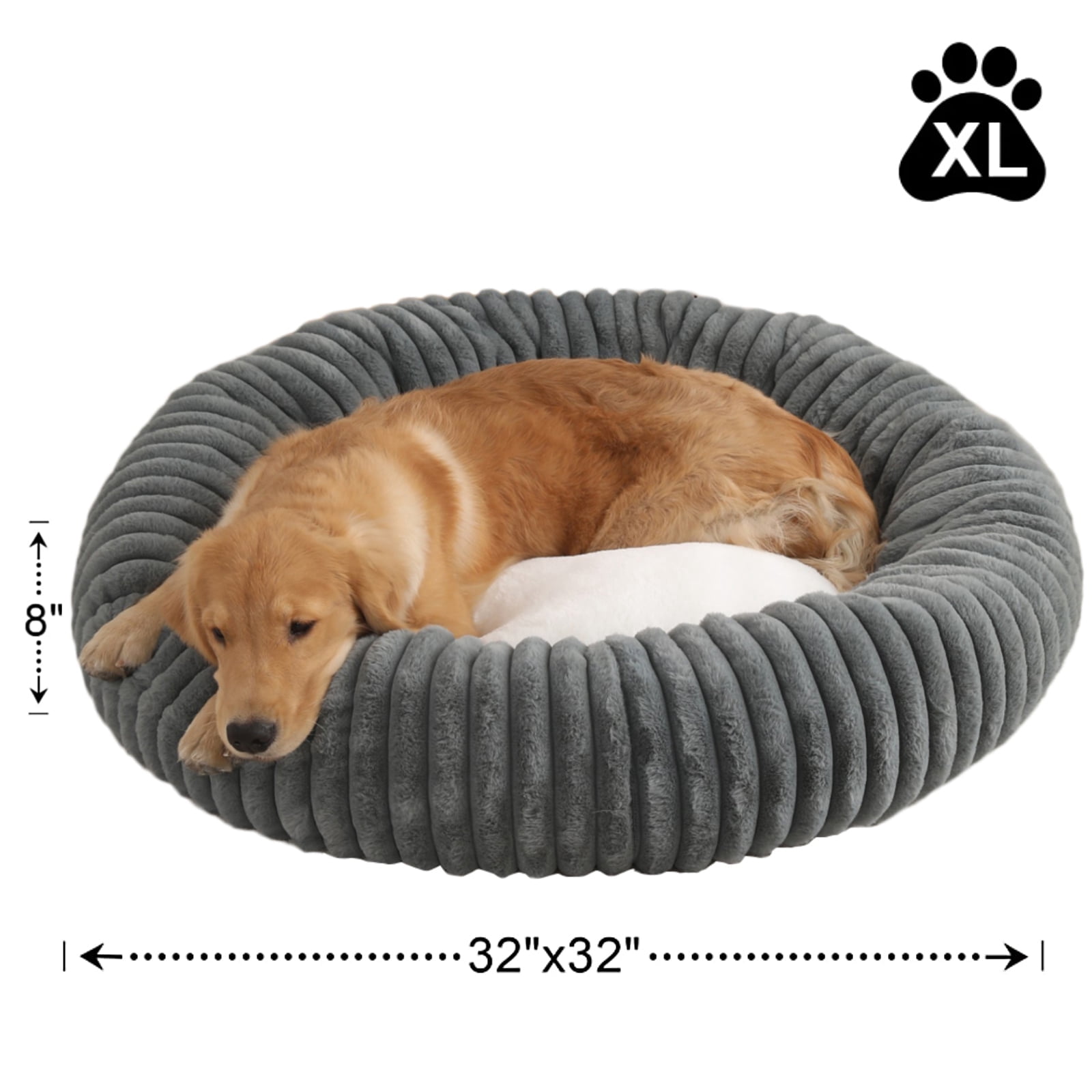 Katieovy Large Donut Dog Beds,Fluffy Calming Dog Beds with Non-Slip Bottomm,32 x 32 inch Washable Round Dog Cat Beds,Dark Gray