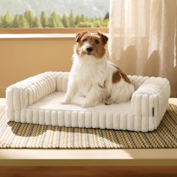 Katieovy Orthopedic Dog Beds for Large Dog,32 inch Removable Washable Dog Beds with Sides,Non-Slip Bottom Memory Foam Large Pet beds,White