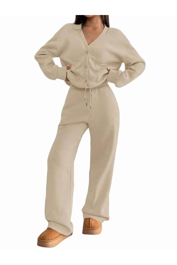 2 Piece Lounge Sets for Women Oversized Button Up Cardigan Wide Leg Pants Matching Y2K Clothes Apricot Color M