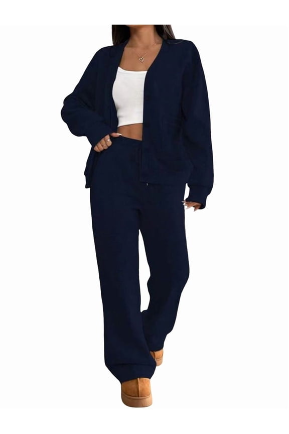 2 Piece Lounge Sets for Women Oversized Button Up Cardigan Wide Leg Pants Matching Y2K Clothes Navy Blue XXL