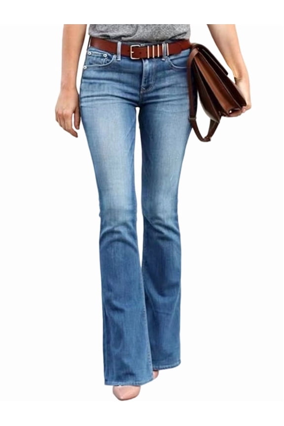Boot Cut Jeans for Women Mid Waist Tummy Control Trendy Flare Jeans Straight Denim Pants Light Blue S