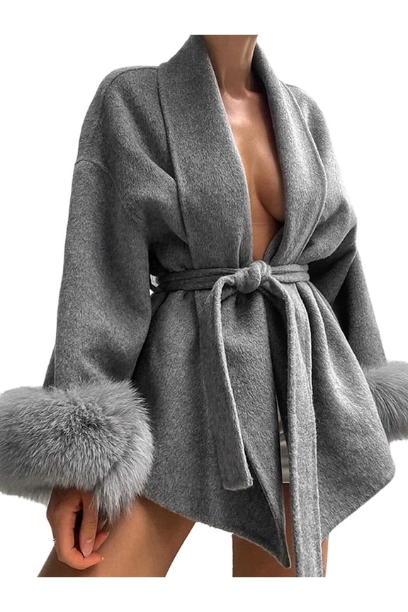 Elegant Women'S Patchwork Overcoat with Full Sleeve and V-Neck Design Gray M