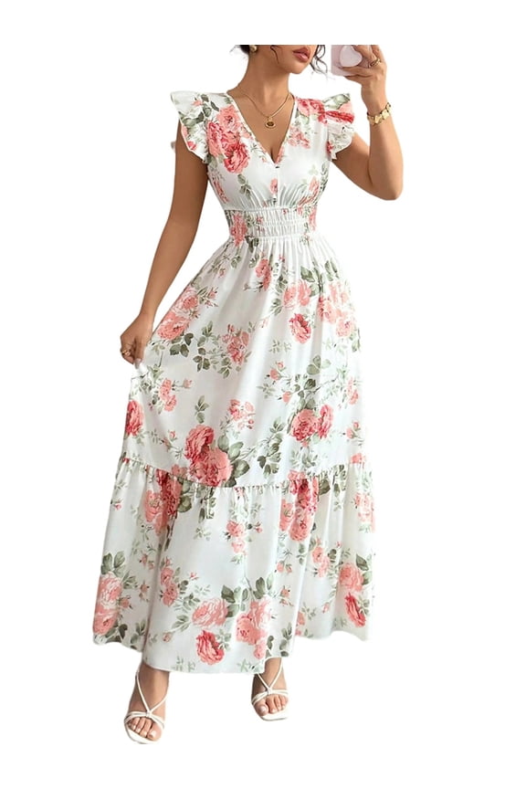 Elegant Womens Floral Print Hem Long Maxi Dress Summer Casual Boho Chic Beach Party Evening Gown White S
