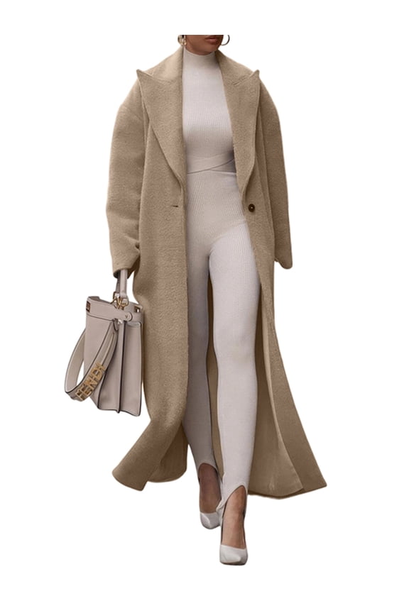 Female Fashion Notched Lapel Single Breasted Open Front Maxi Long Trench Coat Overcoat with Pockets Khaki M