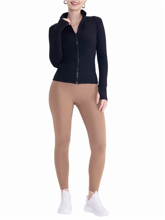 Female Full Zip Running Track Jacket Workout Slim Fit Yoga with Thumb Holes Black M